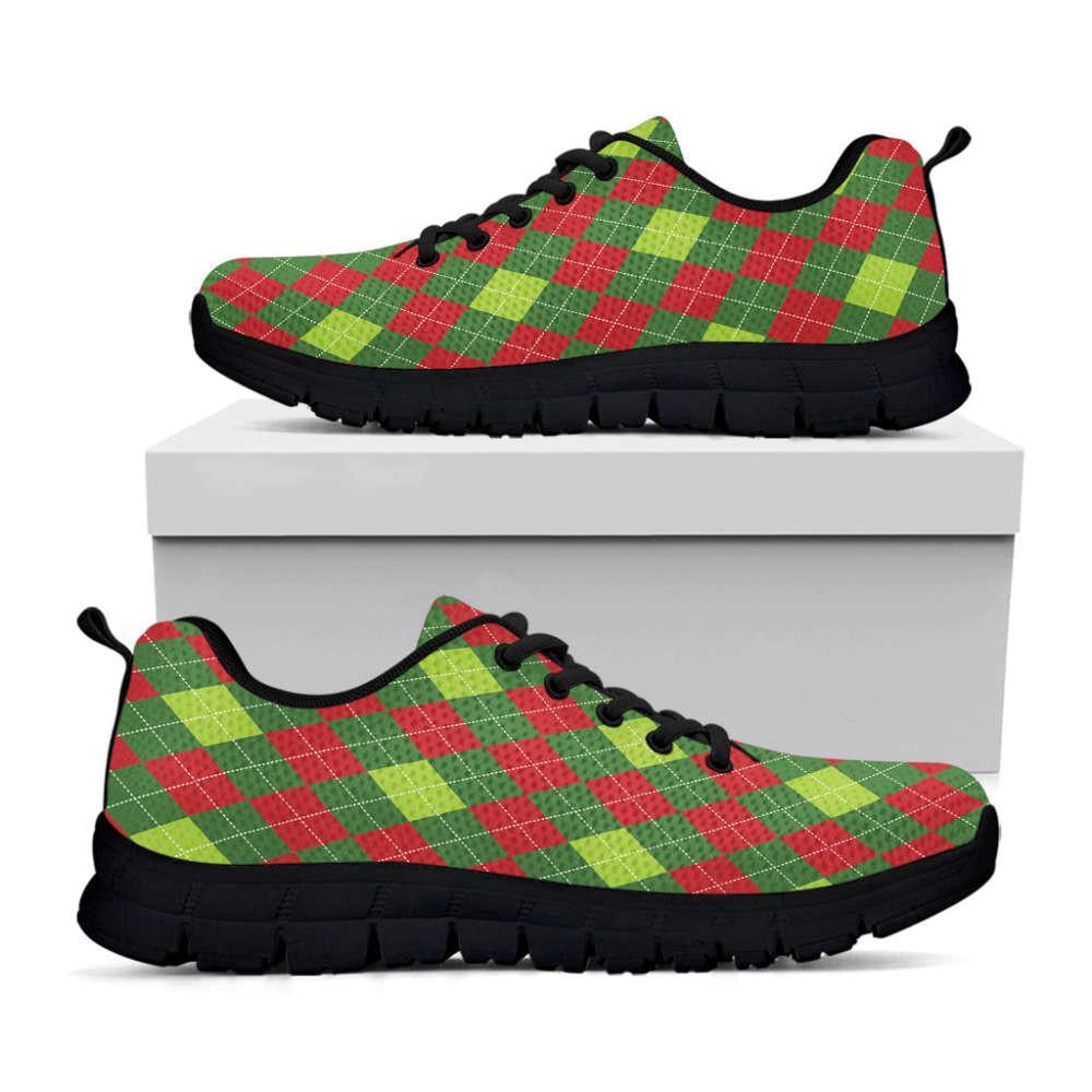 Green And Red Christmas Argyle Print Shoes Sneaker, Christmas Shoes, Chistmas Sneaker, Christmas Running Shoes