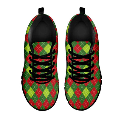 Green And Red Christmas Argyle Print Shoes Sneaker, Christmas Shoes, Chistmas Sneaker, Christmas Running Shoes