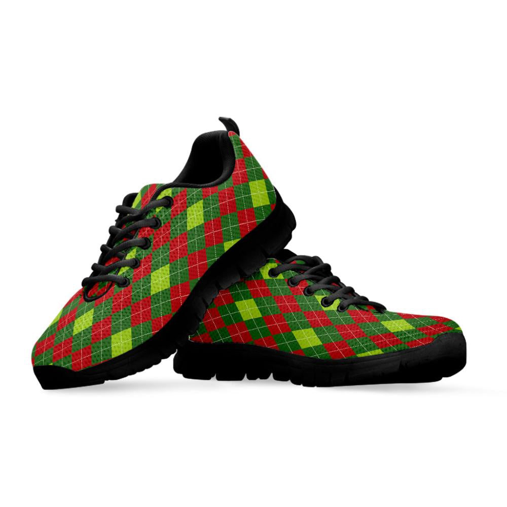 Green And Red Christmas Argyle Print Shoes Sneaker, Christmas Shoes, Chistmas Sneaker, Christmas Running Shoes