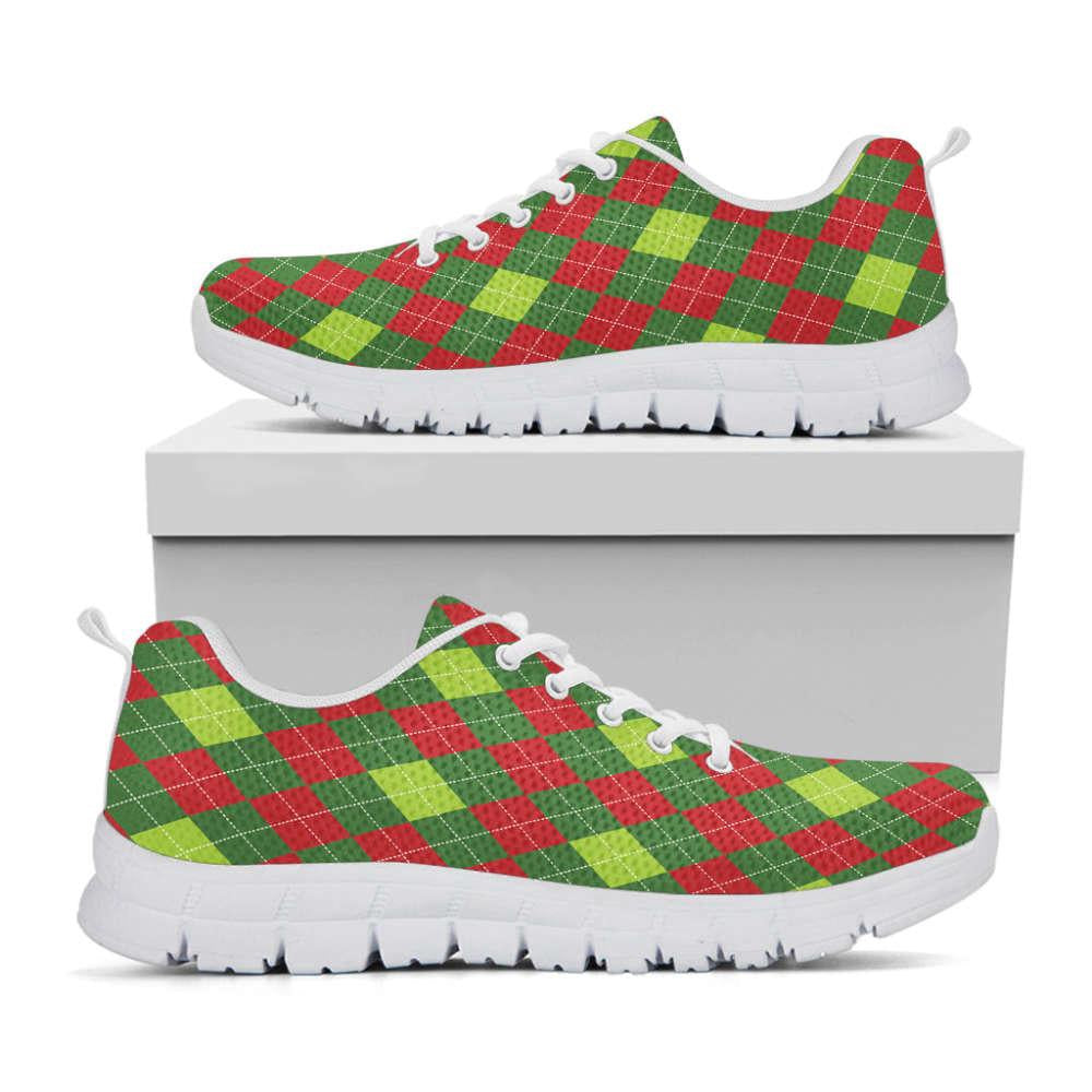 Green And Red Christmas Argyle Print Shoes Sneaker, Christmas Shoes, Chistmas Sneaker, Christmas Running Shoes