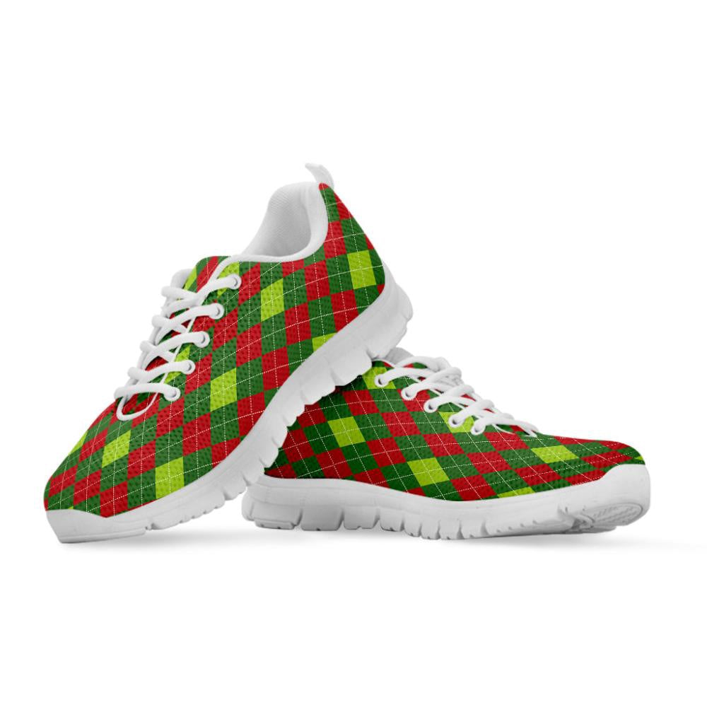 Green And Red Christmas Argyle Print Shoes Sneaker, Christmas Shoes, Chistmas Sneaker, Christmas Running Shoes