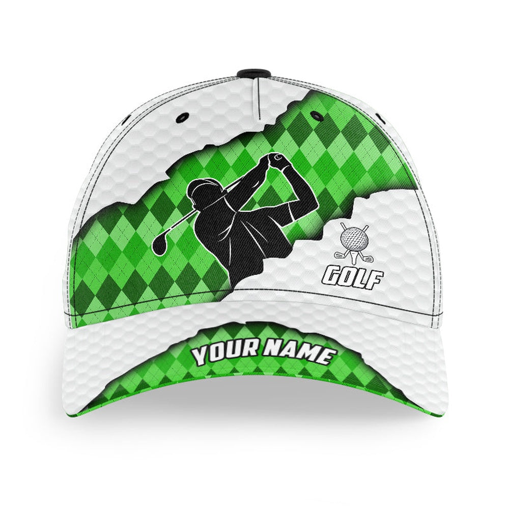 Green Argyle Pattern White Golf Ball Skin Golfer Hat Custom Golf Sun Hats For Men, Women, Golf Baseball Cap