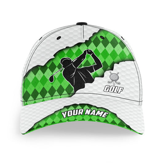 Green Argyle Pattern White Golf Ball Skin Golfer Hat Custom Golf Sun Hats For Men, Women, Golf Baseball Cap