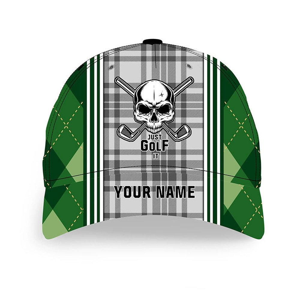 Green Argyle Plaid Pattern Golf Skull Custom Just Golf It Golfer Hat, Personalized Sun Hat For Golfers, Golf Baseball Cap