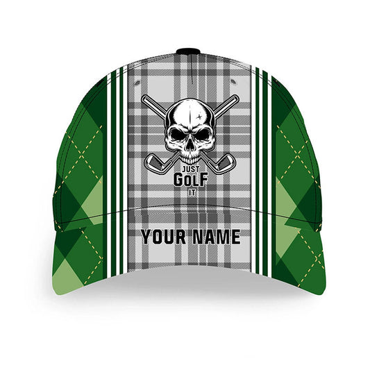 Green Argyle Plaid Pattern Golf Skull Custom Just Golf It Golfer Hat, Personalized Sun Hat For Golfers, Golf Baseball Cap