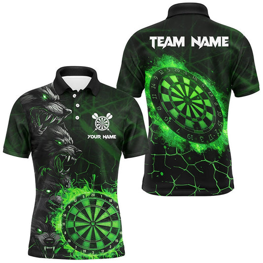 Green Dart Board Fire Flame Custom Wolf Dart Shirts For Men, Darts League Team Polo Uniform, Darts Team Polo Shirt