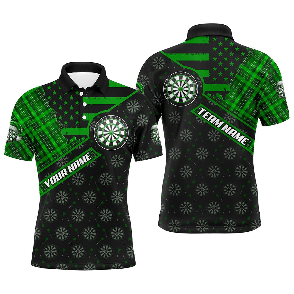 Green Darts Christmas American Flag Pattern Custom Dart Shirts For Men Xmas Dart Polo Dart Gift, Darts Team Polo Shirt