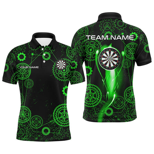 Green Darts Gearwheel Pattern Custom Dart Shirts For Men, Dart Polo Darts League Team Uniform, Darts Team Polo Shirt