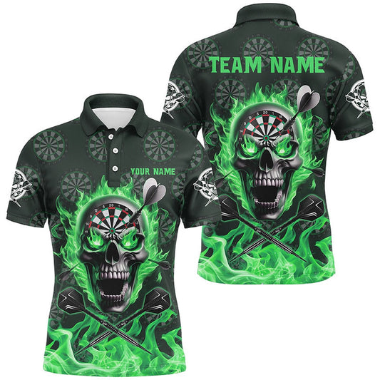 Green Darts Skull Fire Flame Custom Men Darts Shirts, 3D Darts Polo Short Sleeve For Team, Darts Team Polo Shirt