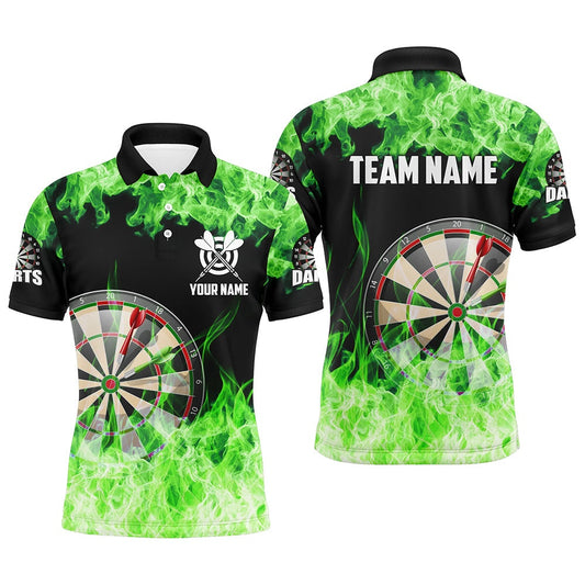 Green Fire Flame Dartboard Men Darts Polo Shirts Custom Darts Shirts For Team Dart Polo, Darts Team Polo Shirt