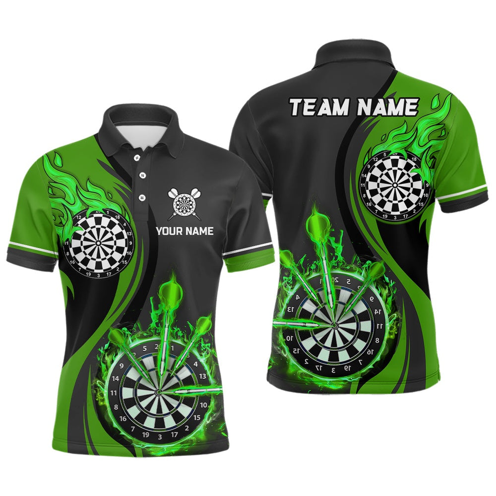 Green Fire Flame Mens Darts Polo Shirt Custom Dart Shirts For Men Dart Polo, Darts Team Polo Shirt