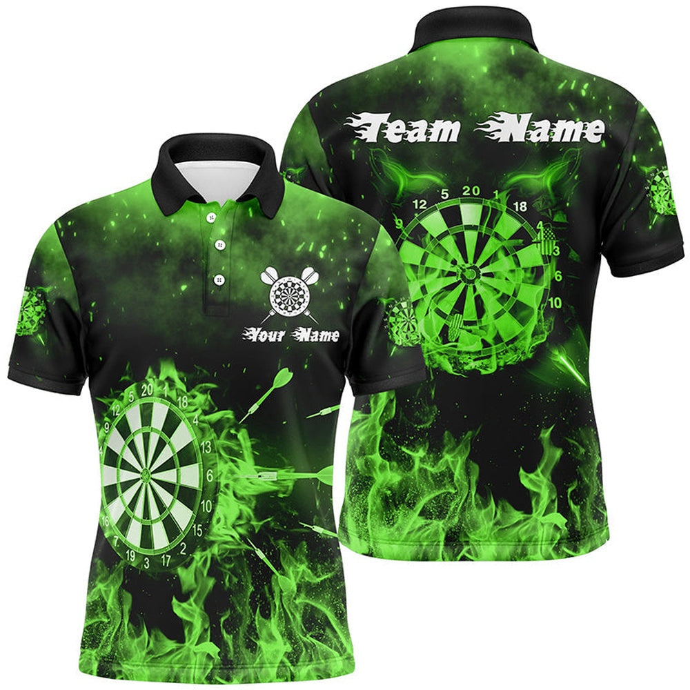 Green Fire Flame Personalized Mens Darts Polo Shirt Custom Darts Shirt For Men Dart Polo, Darts Team Polo Shirt