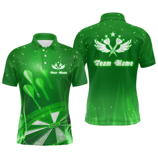 Green Fire Flame Star Personalized Mens Darts Polo Shirt Custom Cool Dart Polo For Men, Darts Team Polo Shirt