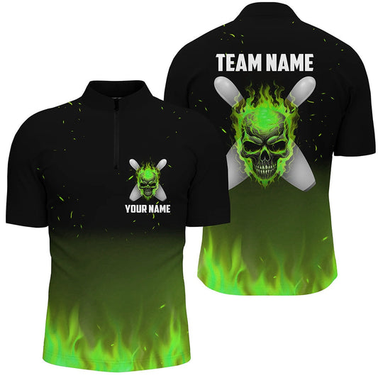 Green Flame Skull Bowling Jersey Shirtmen Custom Team Bowling Jerseys Halloween Outfits , Bowling Jersey Shirt