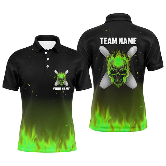 Green Flame Skull Bowling Polo Shirts Men Personalized Team Bowling Polo Halloween Outfits, Bowling Team Shirts