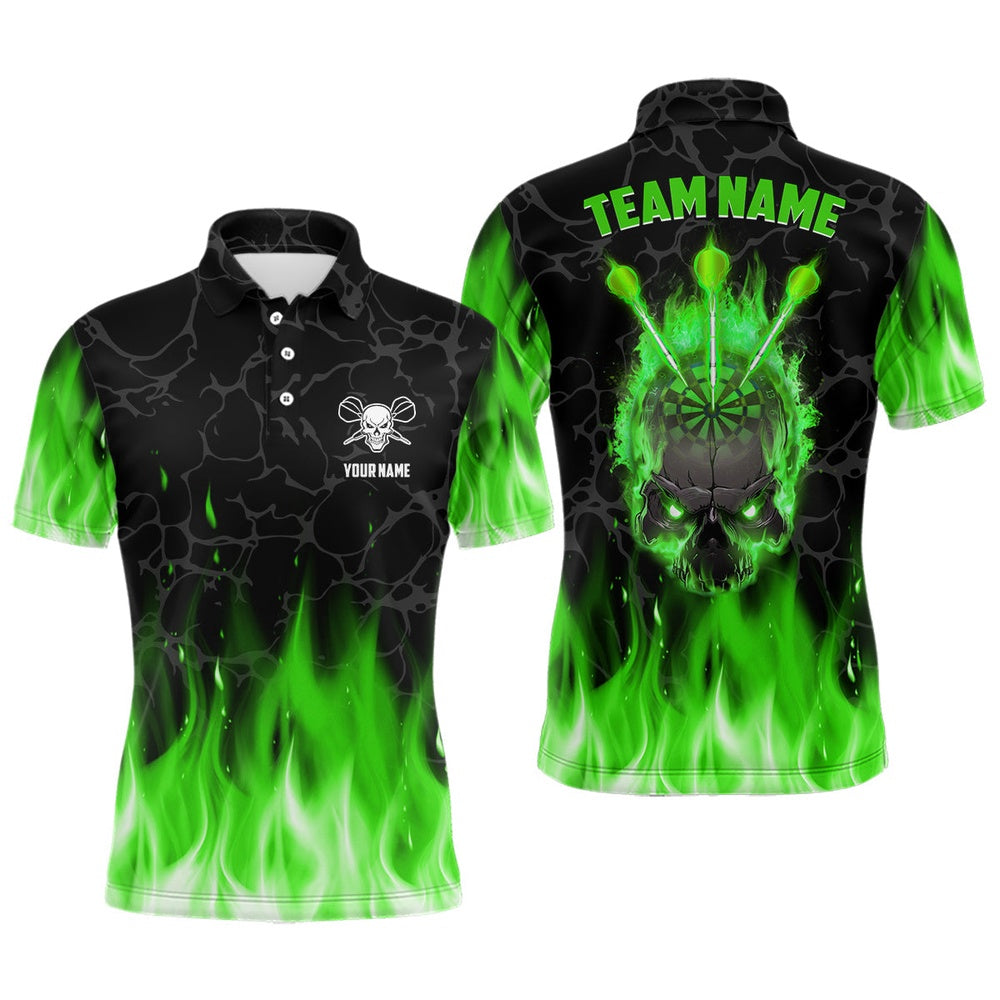 Green Flame Skull Mens Darts Polo Shirt Custom Scary Darts Shirt For Men Dart Polo, Darts Team Polo Shirt