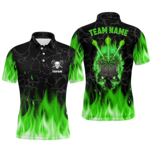 Green Flame Skull Mens Darts Polo Shirt Custom Scary Darts Shirt For Men Dart Polo, Darts Team Polo Shirt