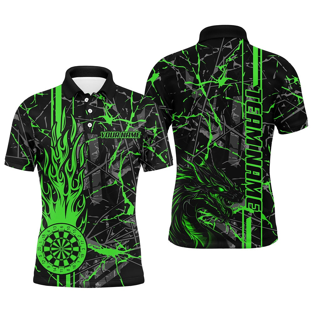 Green Grunge Dart Polo For Men, Fire Flame Dart Board Custom Name Dragon Darts League Shirts, Darts Team Polo Shirt