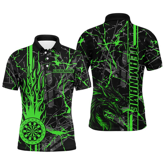 Green Grunge Dart Polo For Men, Fire Flame Dart Board Custom Name Dragon Darts League Shirts, Darts Team Polo Shirt