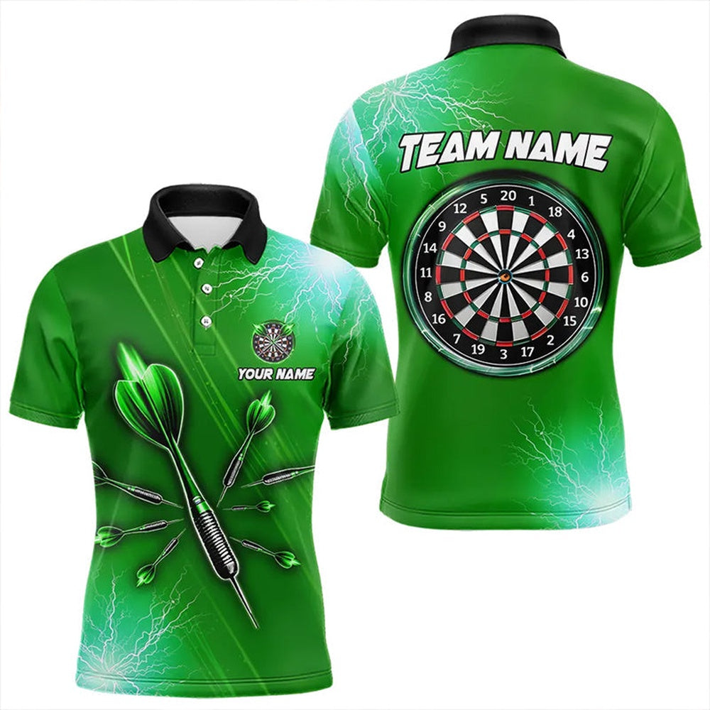 Green Thunder Lightning Light Darts Polo Custom Darts Shirts For Men Darts Polo, Darts Team Polo Shirt