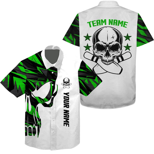 Greenand Whitebowling Hawaiian Shirt, Custom Name And Team Name Skull Bowling, Team Bowling Shirts, Bowling Team Hawaiian