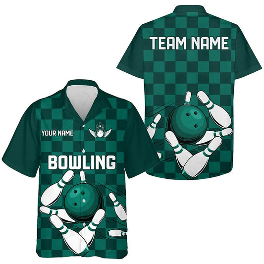 Greencheckered Hawaiian Bowling Shirts, Custom Team Button Up Bowling Shirts, Bowling Team Hawaiian