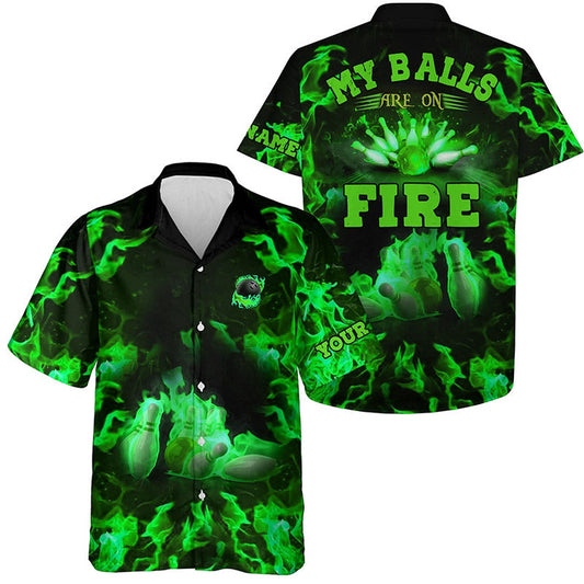 Greenflame Bowling Shirts, Custom My Balls Are On Fire Hawaiian Shirt, Button Up Bowling Shirts, Bowling Team Hawaiian