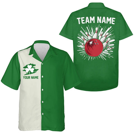 Greenlucky Clover Retro Hawaiian Shirts, Custom St Patrick Day Team Bowling Button Up Shirts, Bowling Team Hawaiian