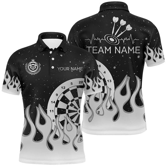 Grey Black Dartboard Fire Flame Men Darts Polo Shirt Custom Team Polo Darts Gifts, Darts Team Polo Shirt