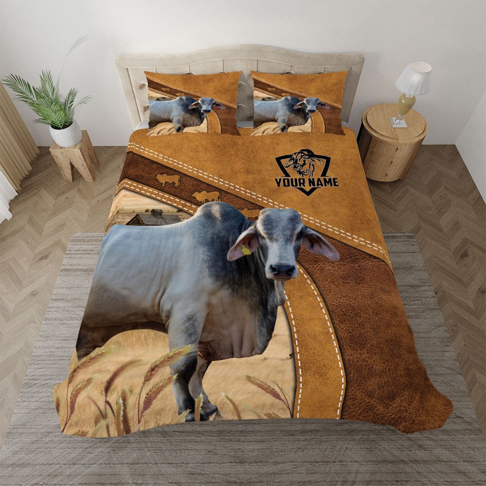 Grey Brahman Cattle Customized Bedding Set, Farm Bedding Set, Farmhouse Bedding Set