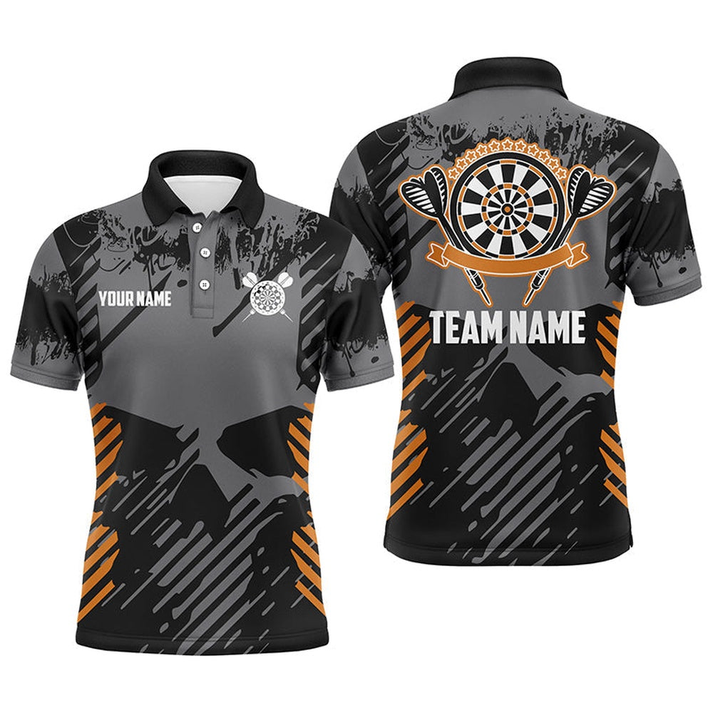 Grey Grunge Orange Skull Mens Darts Polo Shirts Custom Dart Shirts For Men Dart Polo, Darts Team Polo Shirt