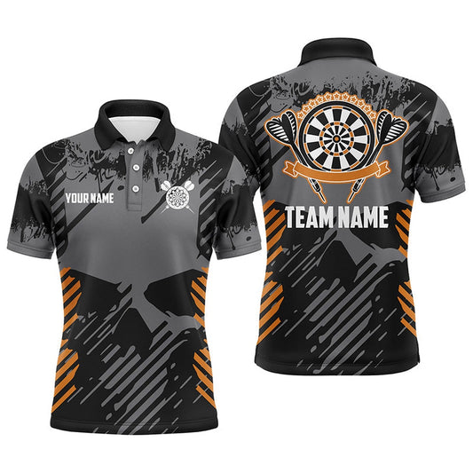 Grey Grunge Orange Skull Mens Darts Polo Shirts Custom Dart Shirts For Men Dart Polo, Darts Team Polo Shirt