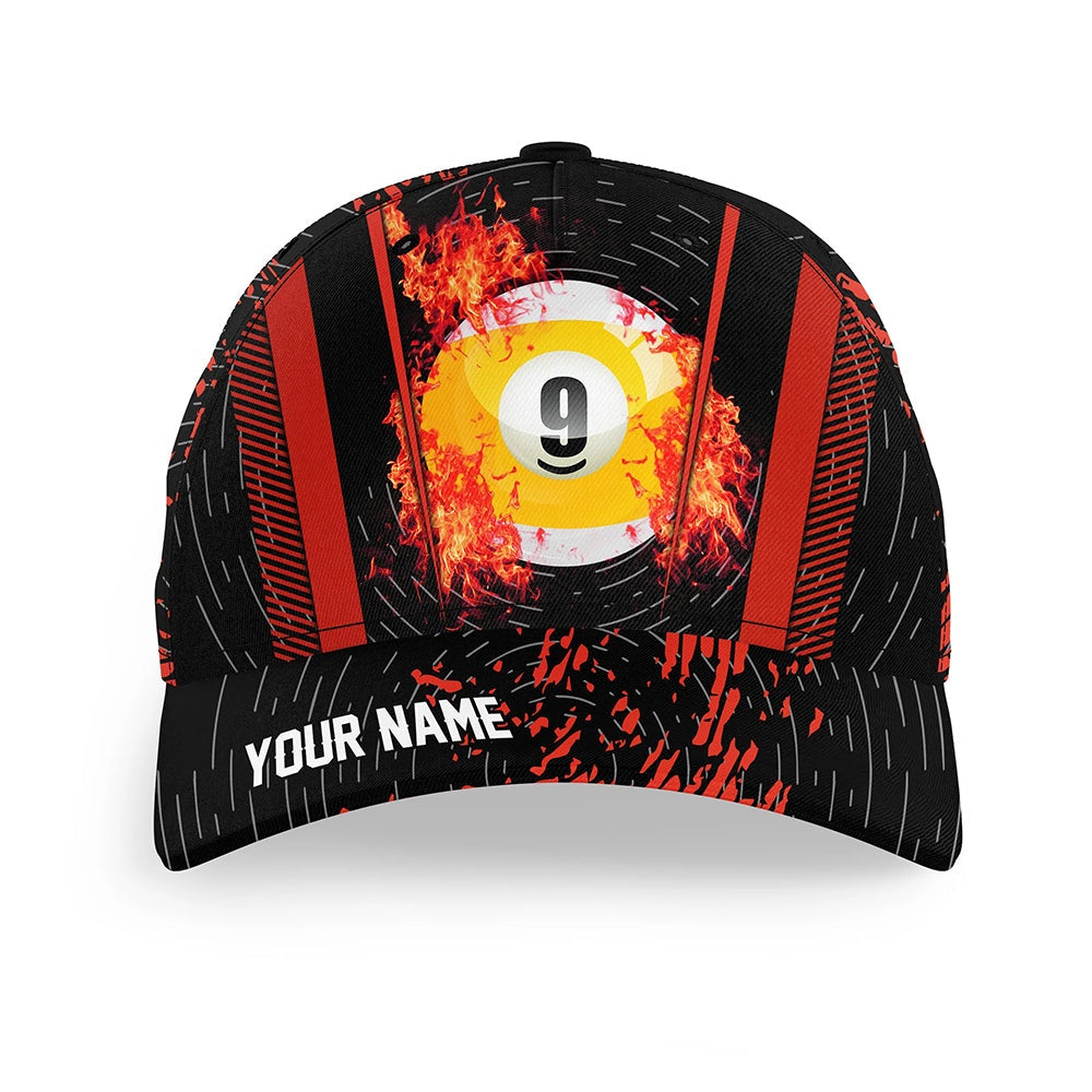 Grunge 9 Ball Pool Fire Billiard Hats Custom 3D Printed Red Billiard Baseball Cap, Personalized Billiard Team Cap Hats