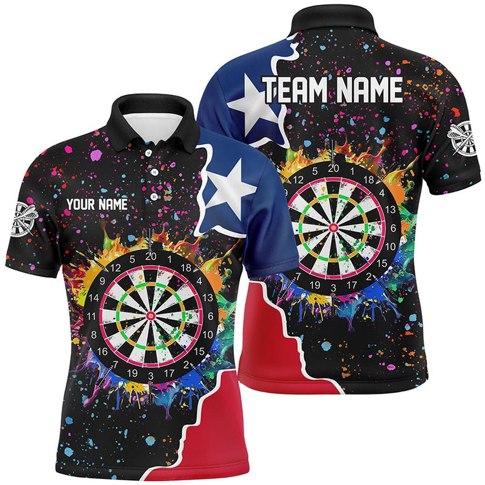 Grunge Colorful Darts Board Texas Flag Darts Shirts For Men Custom Patriotic Darts Team Polo, Darts Team Polo Shirt