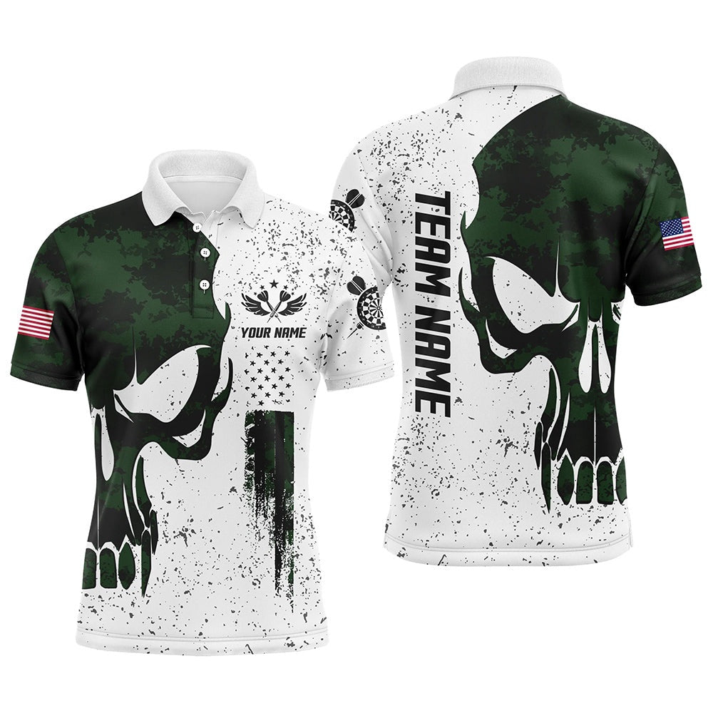 Grunge Green Camo Skull American Flag Darts Polo Shirt Custom Patriot Dart Polo For Men, Darts Team Polo Shirt