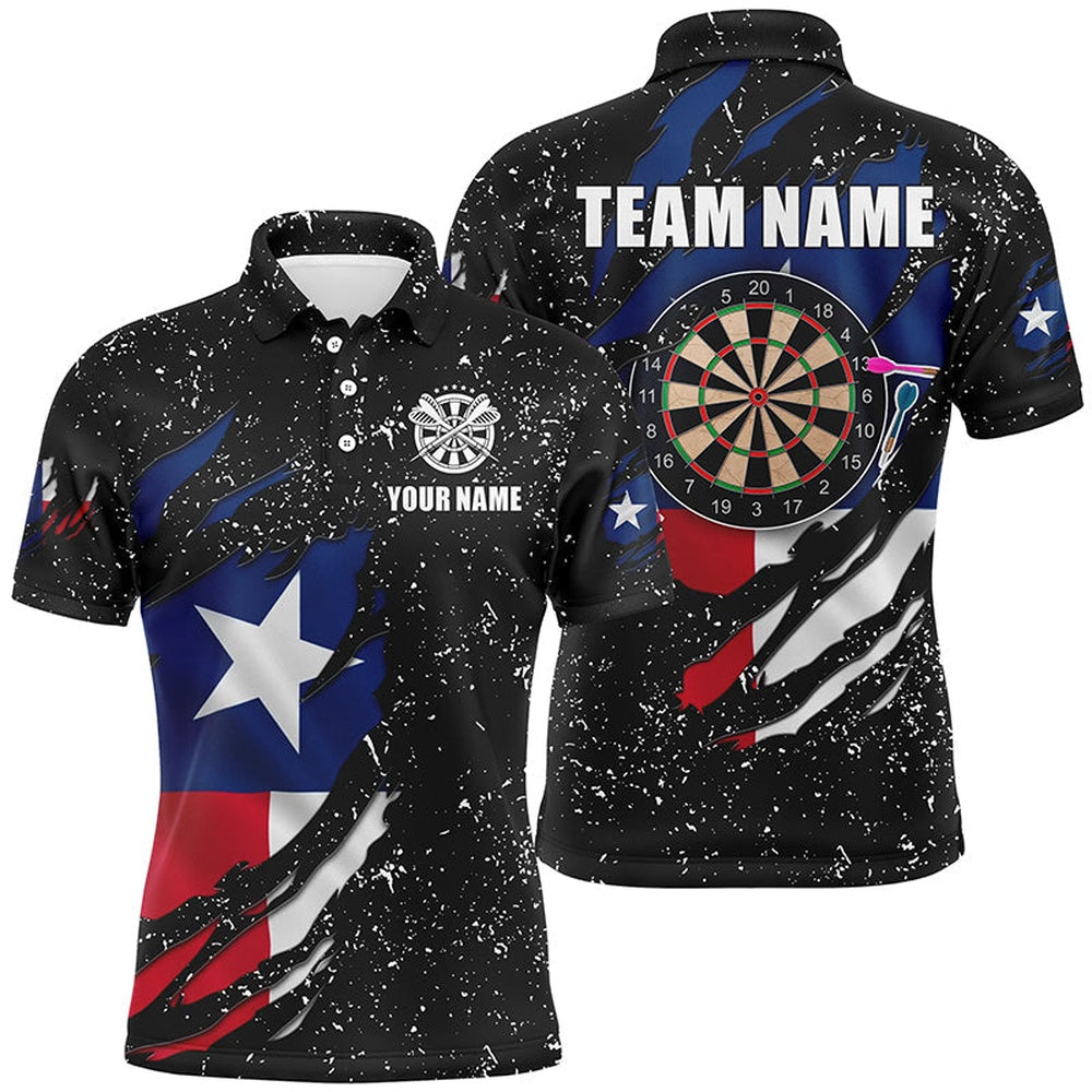 Grunge Texas Flag Dartboard Polo Shirts For Men Custom Patriotic Darts Polo Attire, Darts Team Polo Shirt
