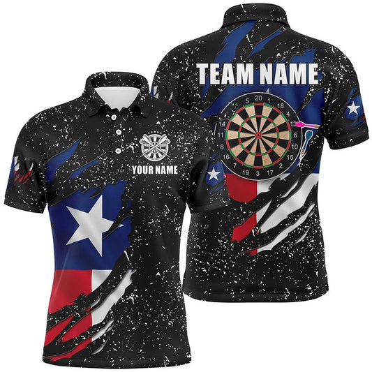 Grunge Texas Flag Dartboard Polo Shirts For Men Custom Patriotic Darts Polo Attire, Darts Team Polo Shirt