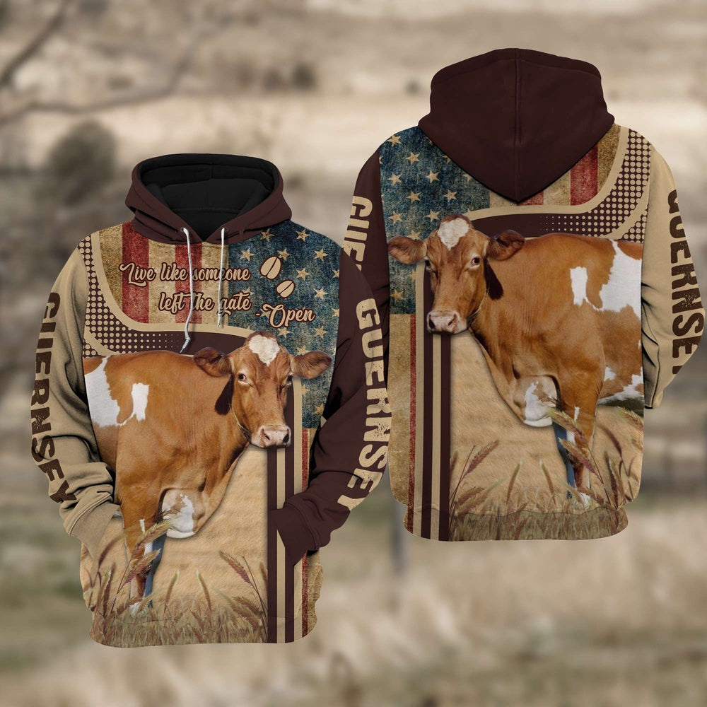 Guernsey Cattle 3D American Flag Quotation Hoodie, Farmer Hoodie, Farm Themed Shirts, Farm Tee Shirts