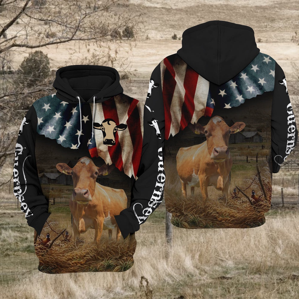 Guernsey Cattle US Flag All Over Printed Hoodie TT, Farmer Hoodie, Farm Themed Shirts, Farm Tee Shirts