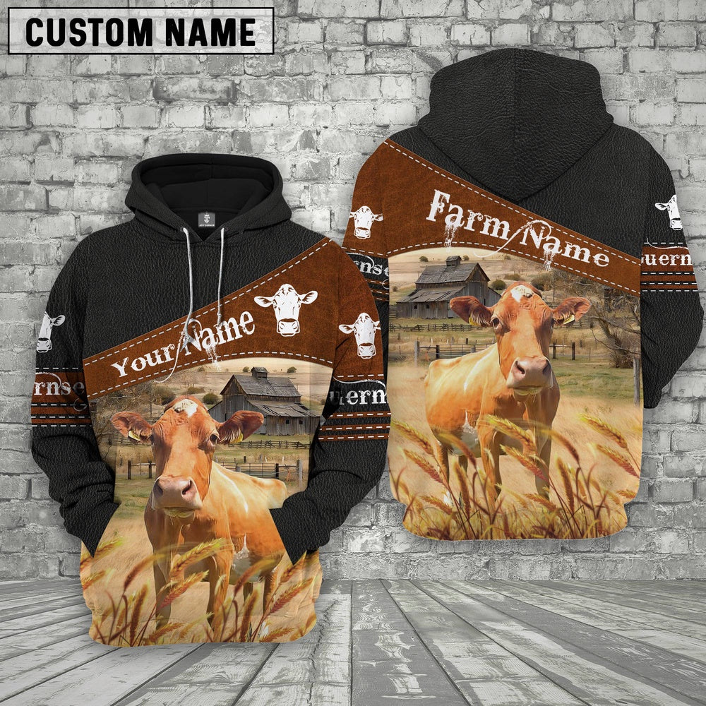 Guernsey On Farm Custom Name Printed 3D Black Hoodie, Farmer Hoodie, Custom Farm Shirts, Farmer T Shirt