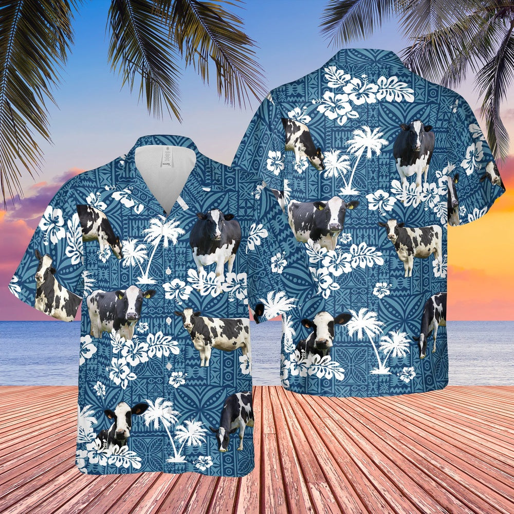 HOLSTEIN FRIESIAN Cattle Blue Tribal All Over Printed Hawaiian Shirt, Farm Hawaiian Shirt, Farmer Hawaii