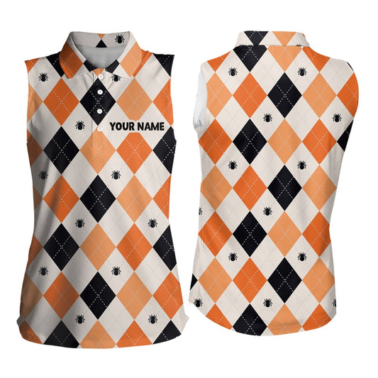 Halloween Argyle Plaid With Spider Sleeveless Golf Polo Shirts Orange Black Golf Shirts, Women Golf Shirts