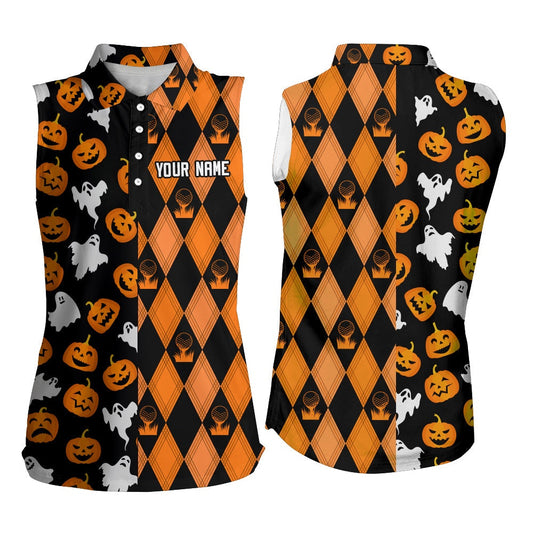Halloween Boo Pumpkin Black Orange Argyle Womens Sleeveless Golf Shirts Funny Golf Gifts, Women Golf Shirts