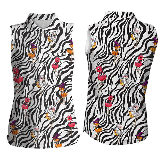 Halloween Flamingo Womens Sleeveless Polo Shirt Custom Black White Zebra Pattern Golf Tees, Women Golf Shirts