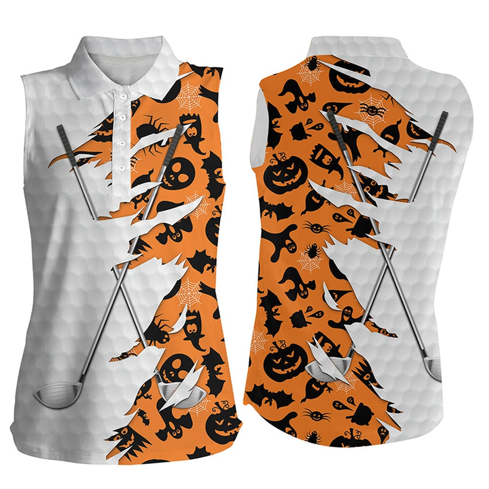 Halloween Golf Pattern White Golf Ball Skin Womens Sleeveless Polo Shirt Golf Clubs Outfit Women, Women Golf Shirts