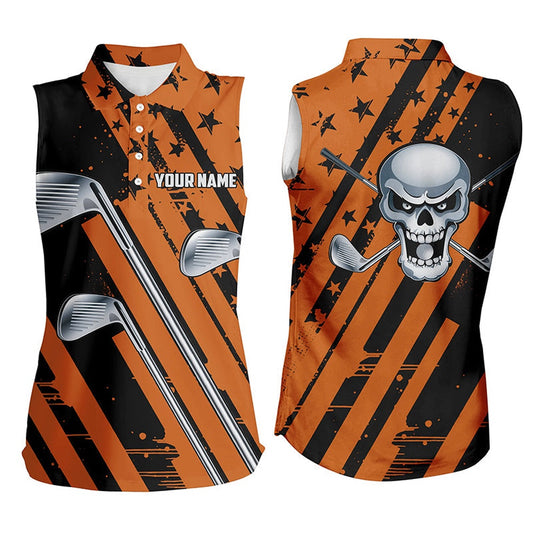 Halloween Golf Skull Orange And Black Golf Clubs Womens Sleeveless Polo Shirt Custom Team Golf Shirts, Women Golf Shirts