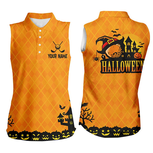 Halloween Landscape Pumpkin Orange Argyle Womens Sleeveless Polo Shirt Custom Funny Golf Gift For Her, Women Golf Shirts