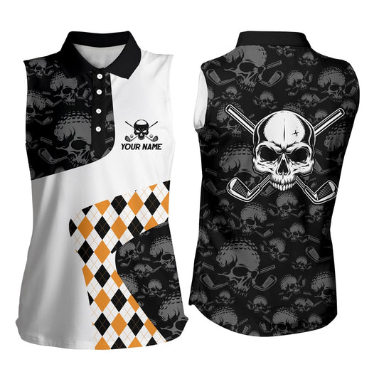 Halloween Orange Argyle Pattern Womens Sleeveless Polo Shirt Skull Golf Shirts Crazy Golf Gifts, Women Golf Shirts