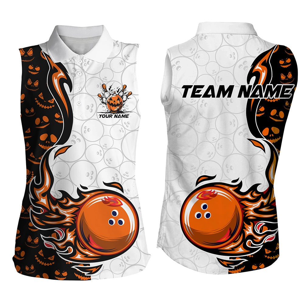 Halloween Pattern Womens Bowling Sleeveless Polo Shirts Custom Team Bowling Polo Bowling Outfits, Women Bowling Shirts