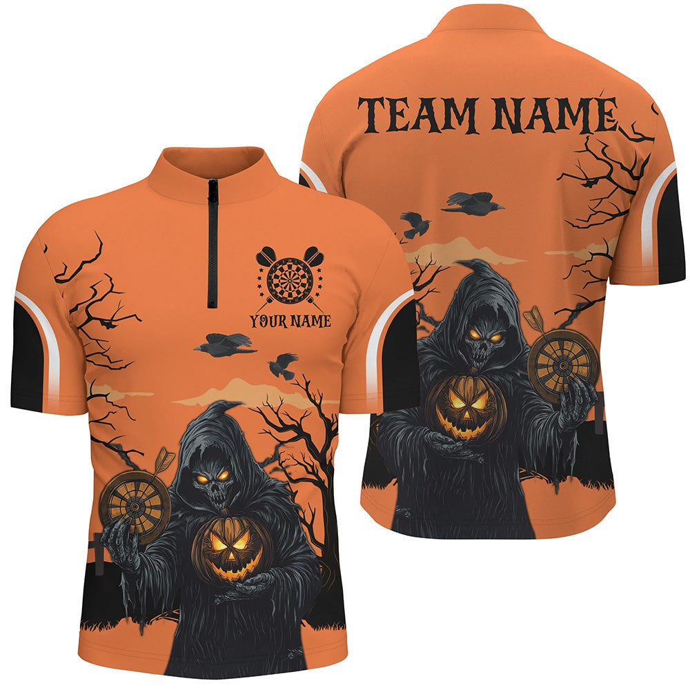 Halloween Spook Night Death Skeleton Custom Darts Shirts For Men, Orange Scary Dart Jersey, Darts Team Jersey Shirt